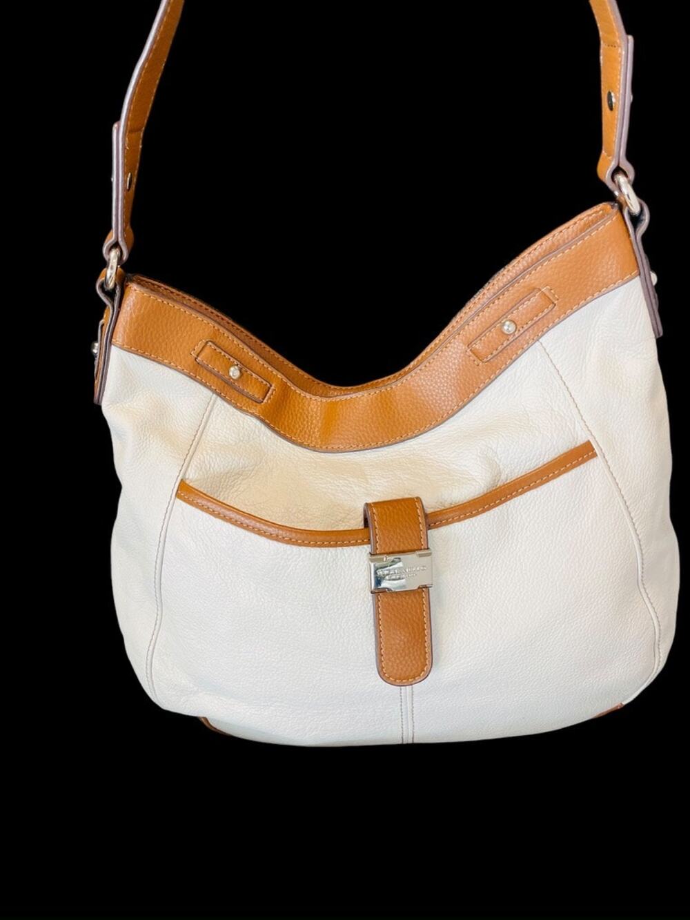 Tignanello Two Tone Soft Cream Leather Tan Trim Slouchy Hobo Shoulder Bag